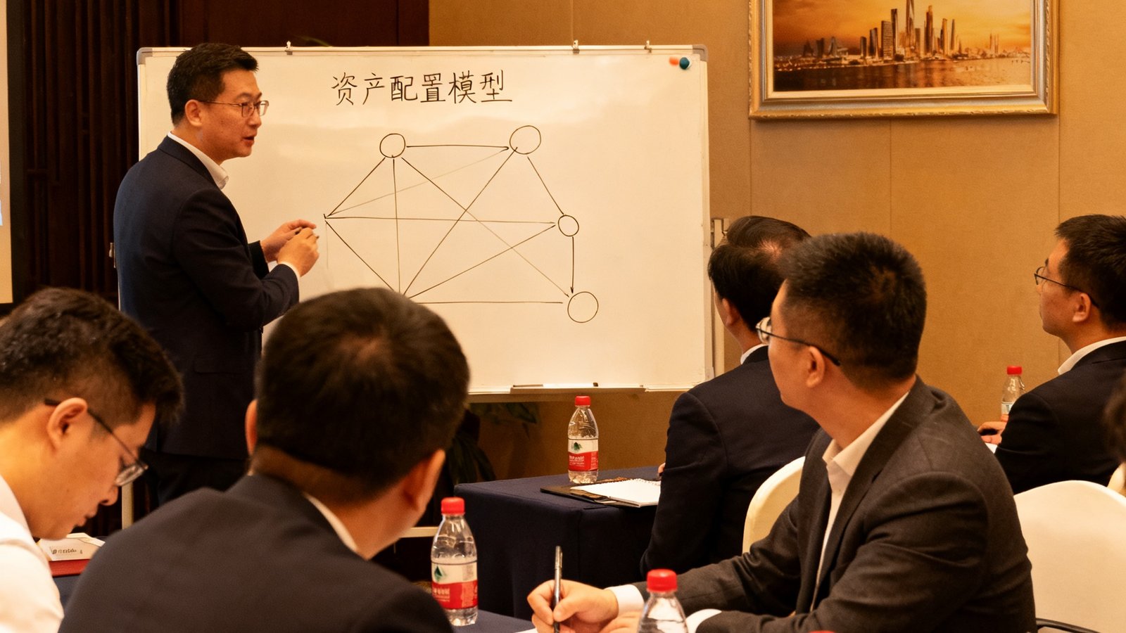 私密财富沙龙现场，讲师正在白板上绘制资产配置模型，参会者认真记录笔记