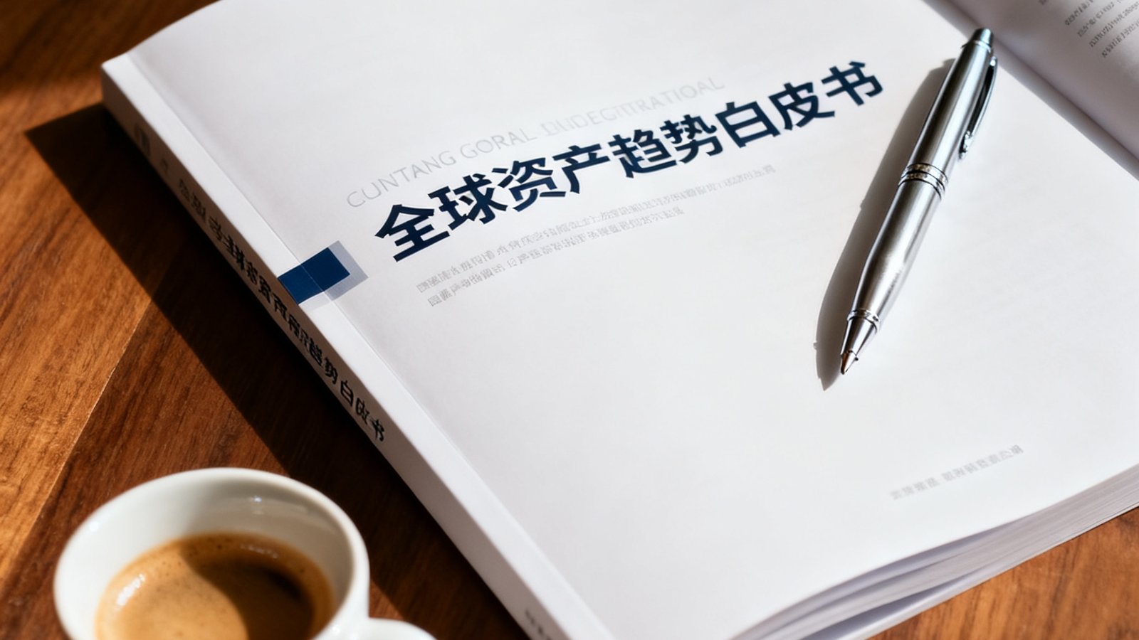 一本精美的全球资产趋势白皮书翻开在木质桌面上，旁边放着一杯浓缩咖啡和一支银质钢笔