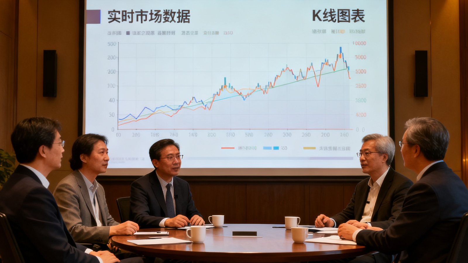 投资策略圆桌会议，五位专家围坐讨论，大屏幕上显示实时市场数据和K线图表