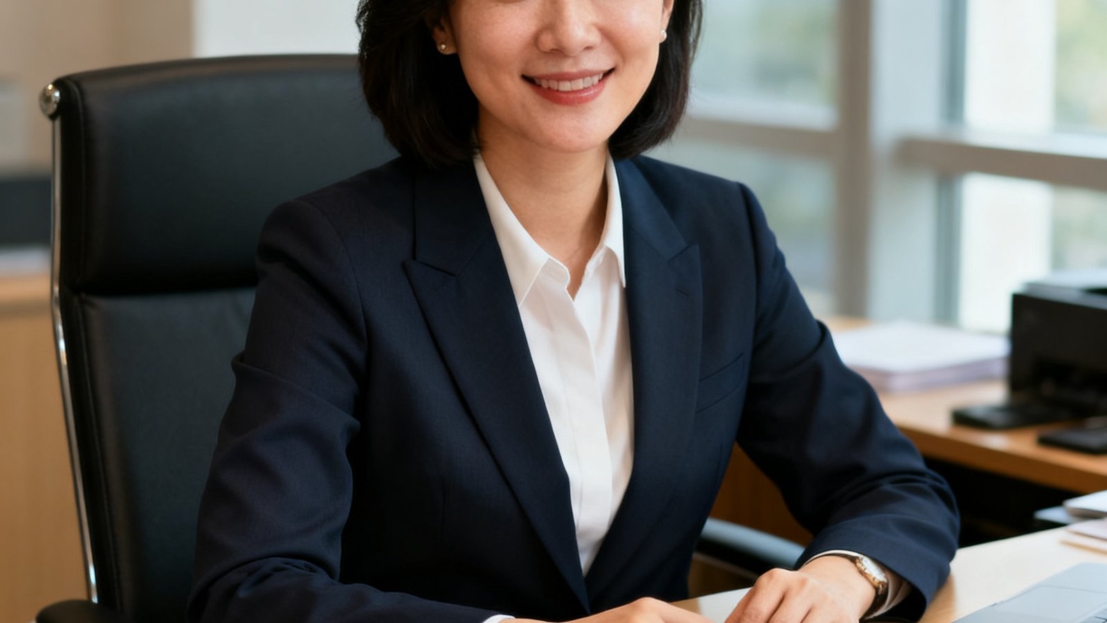 张婉清高级顾问肖像照，坐在整洁的办公桌前，桌上摆放着计算器和客户文件，姿态专业亲和